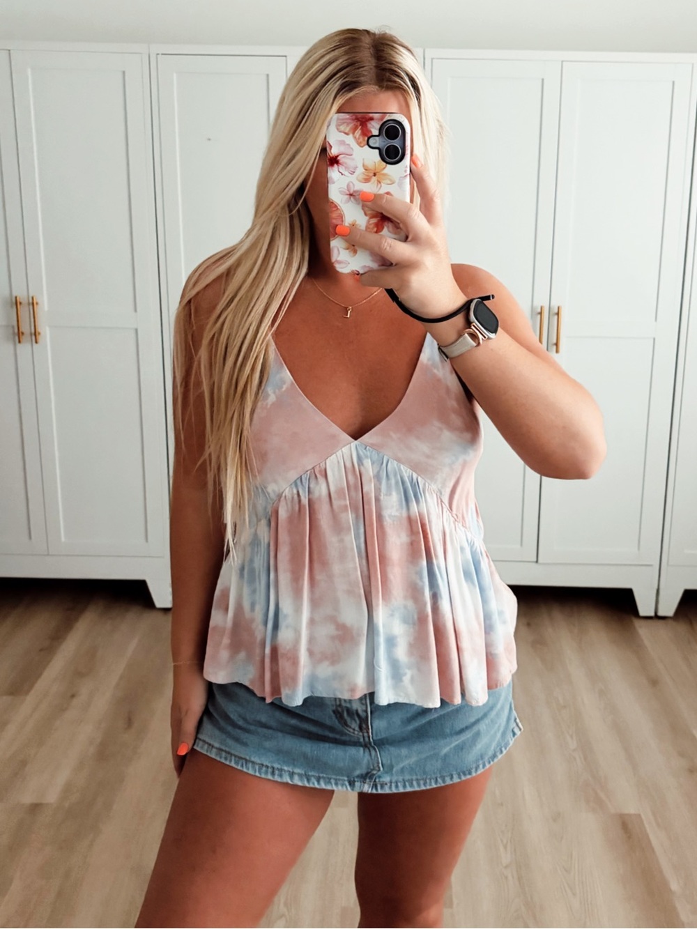 Tie-Dye V-Neck Peplum Tank Top - Pink & Blue
